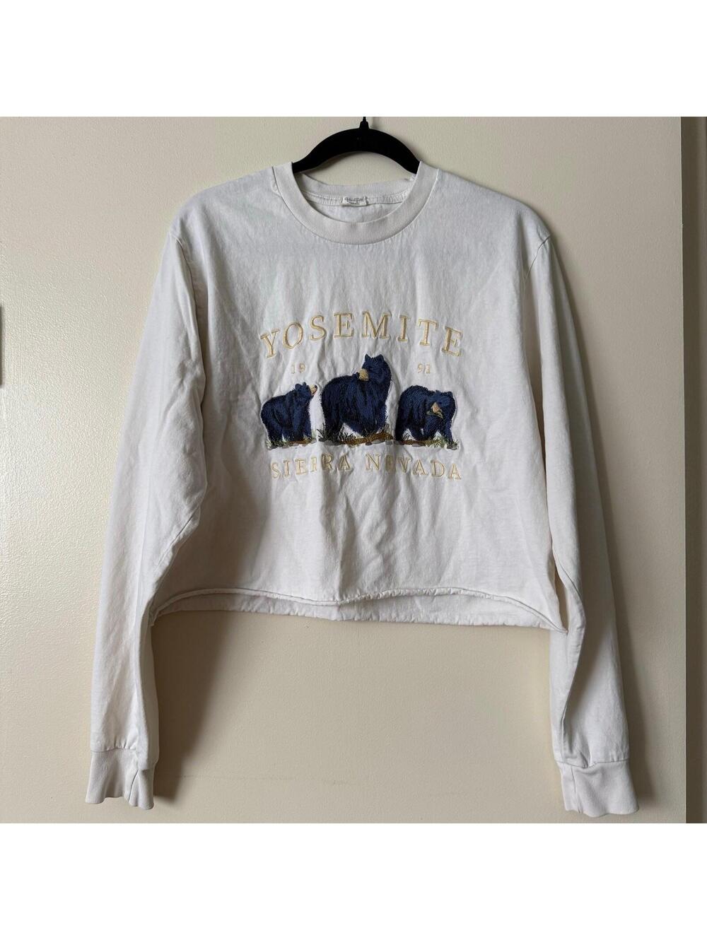 Brandy Melville John Galt Yosemite Bear Embroidered Cropped Long Sleeve Top